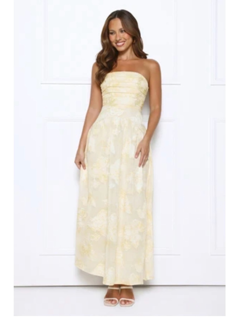 hello Molly Gorgeous Temptation strapless maxi dress in Pale Yellow-s